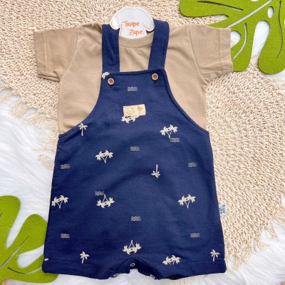 Conj. Camiseta Manga Curta e Jardineira Coqueiros - Marinho e Caju